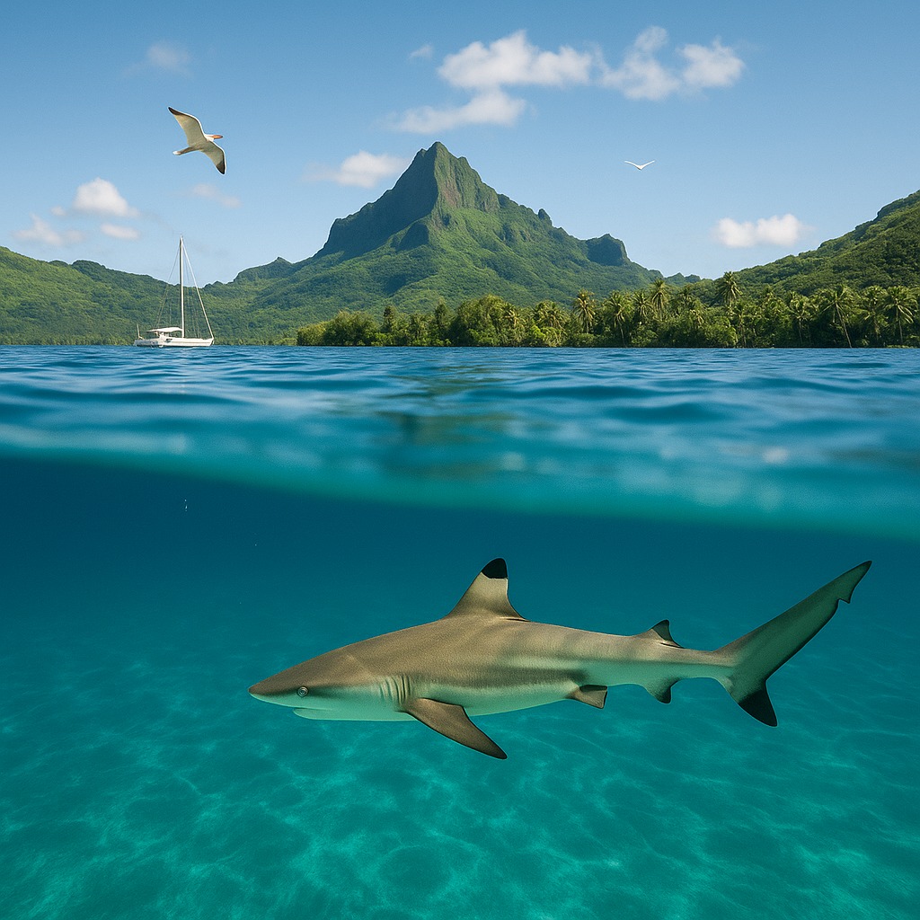 Requin pointe noire dans le lagon de Tahiti, voilier et montagne en arrière-plan – ANAPA Formation, plongée et permis bateau à Punaauia